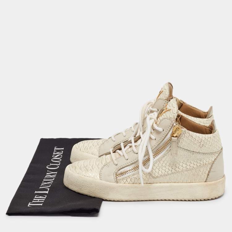 Pre Owned Giuseppe Zanotti Cream Python Embossed Leather Double Zip High Top Sneakers Size 37 