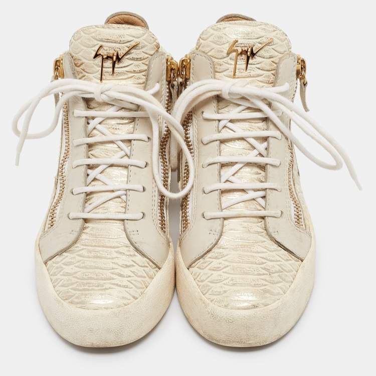 Pre Owned Giuseppe Zanotti Cream Python Embossed Leather Double Zip High Top Sneakers Size 37 