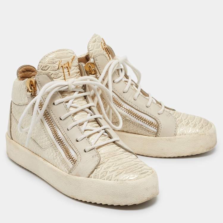 Pre Owned Giuseppe Zanotti Cream Python Embossed Leather Double Zip High Top Sneakers Size 37 