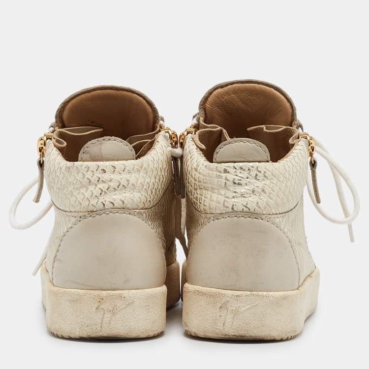 Pre Owned Giuseppe Zanotti Cream Python Embossed Leather Double Zip High Top Sneakers Size 37 