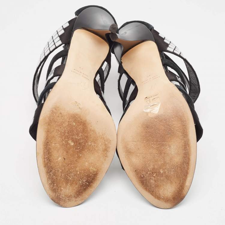 Pre Owned Giuseppe Zanotti Black/Silver Suede Mirror Strappy Sandals Size 39
