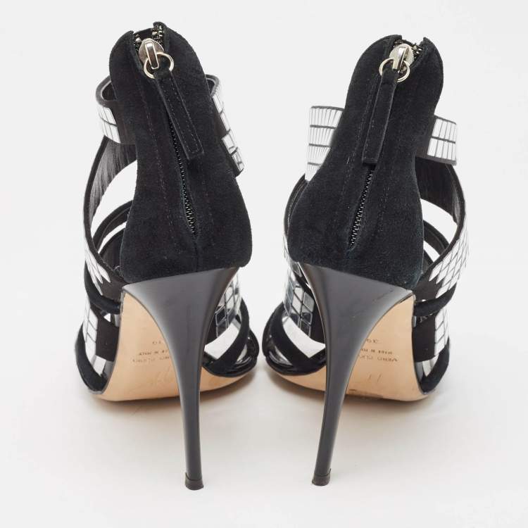 Pre Owned Giuseppe Zanotti Black/Silver Suede Mirror Strappy Sandals Size 39
