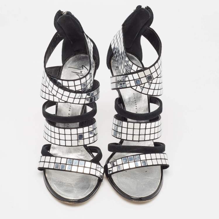 Pre Owned Giuseppe Zanotti Black/Silver Suede Mirror Strappy Sandals Size 39