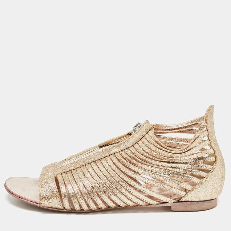 Pre Owned Giuseppe Zanotti Gold Glitter Zipped Caged Flat Sandals Size 36 
