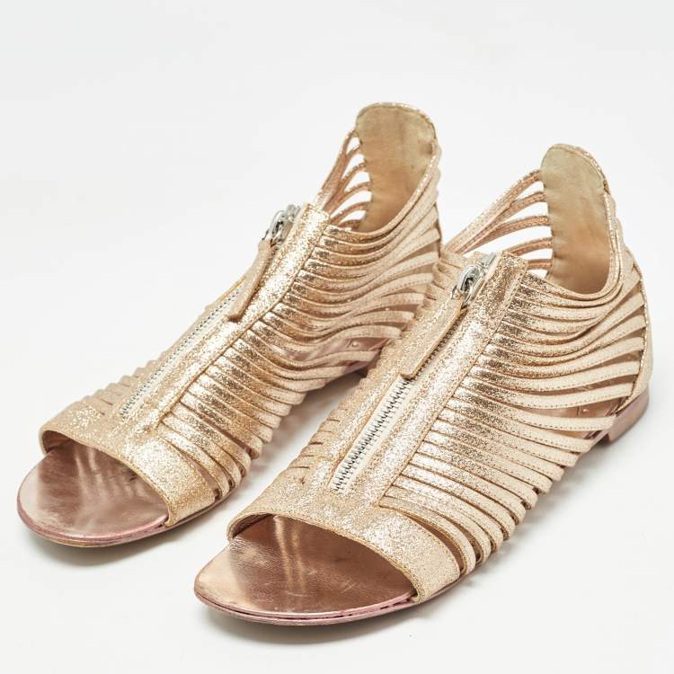 Pre Owned Giuseppe Zanotti Gold Glitter Zipped Caged Flat Sandals Size 36 