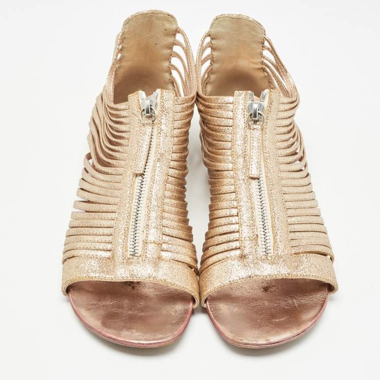 Pre Owned Giuseppe Zanotti Gold Glitter Zipped Caged Flat Sandals Size 36 