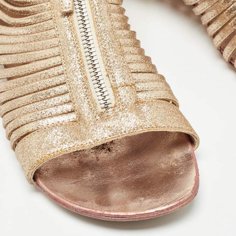 Pre Owned Giuseppe Zanotti Gold Glitter Zipped Caged Flat Sandals Size 36 