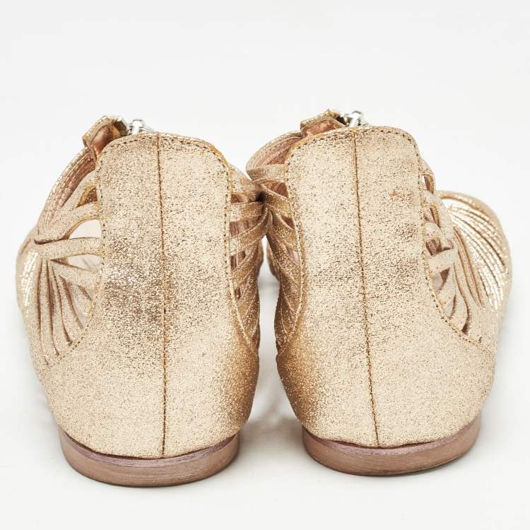 Pre Owned Giuseppe Zanotti Gold Glitter Zipped Caged Flat Sandals Size 36 