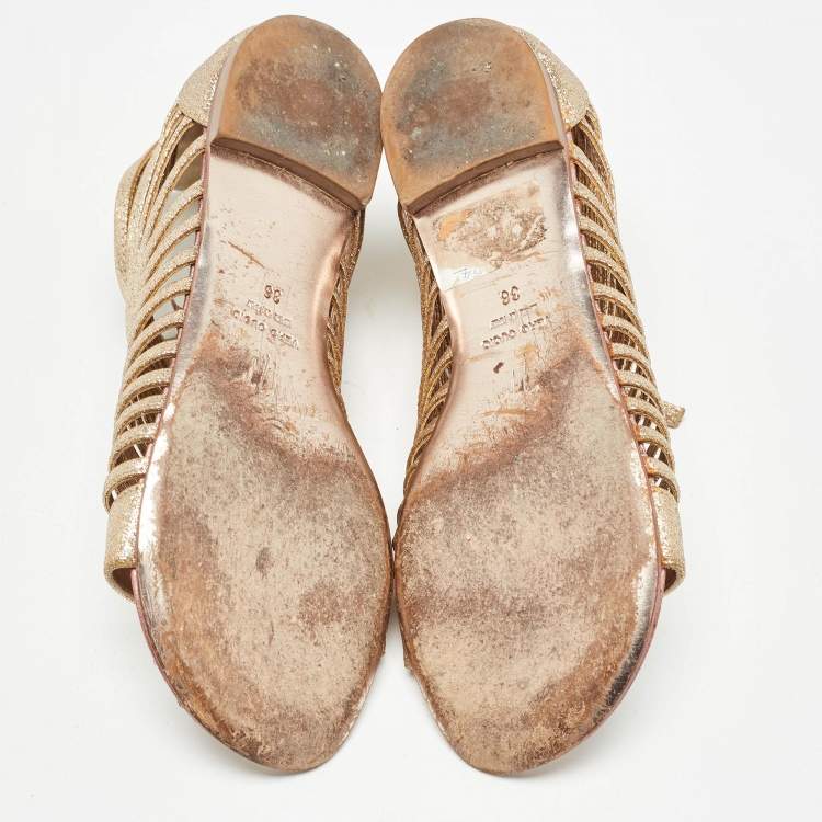 Pre Owned Giuseppe Zanotti Gold Glitter Zipped Caged Flat Sandals Size 36 