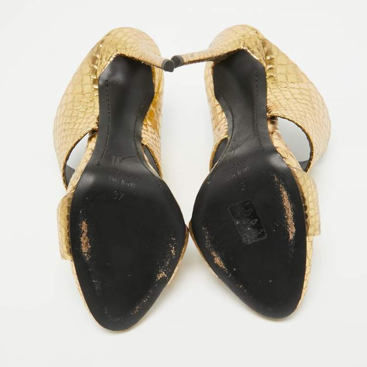 Pre Owned Giuseppe Zanotti Gold Embossed Python Andrea Slide Sandals Size 37