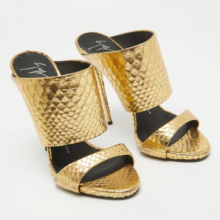 Pre Owned Giuseppe Zanotti Gold Embossed Python Andrea Slide Sandals Size 37