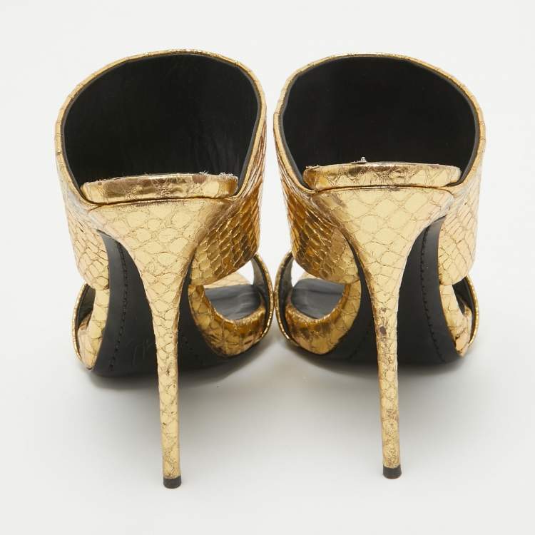 Pre Owned Giuseppe Zanotti Gold Embossed Python Andrea Slide Sandals Size 37