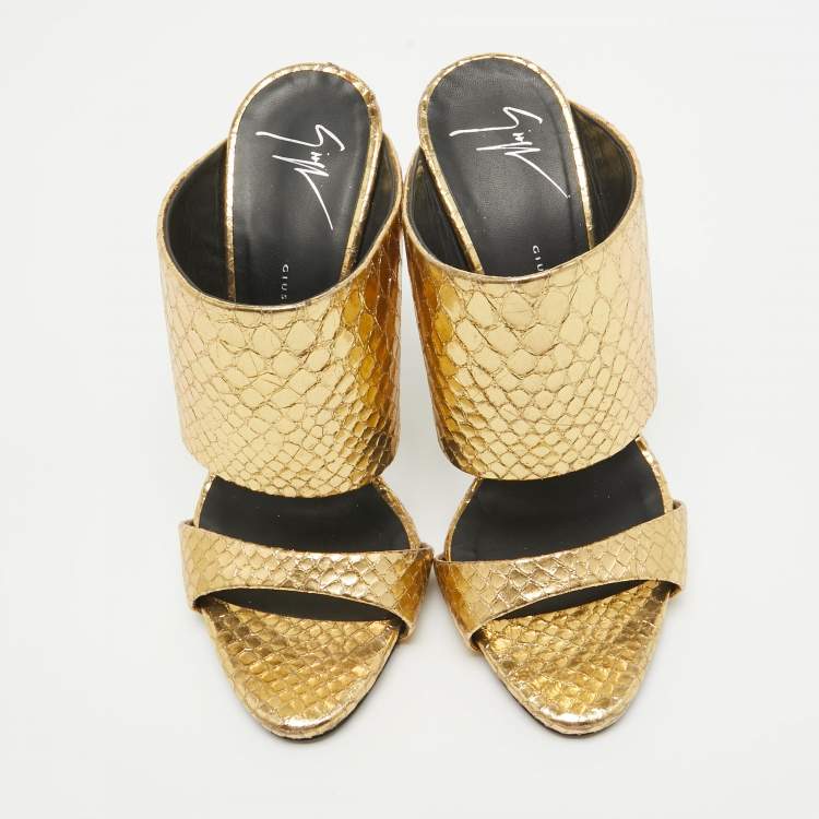 Pre Owned Giuseppe Zanotti Gold Embossed Python Andrea Slide Sandals Size 37