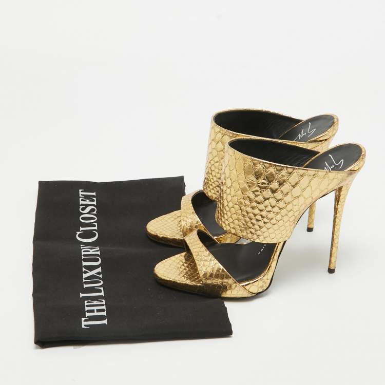 Pre Owned Giuseppe Zanotti Gold Embossed Python Andrea Slide Sandals Size 37