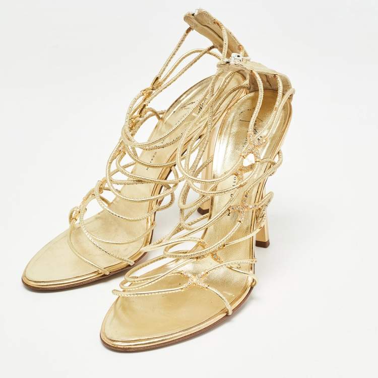 Pre Owned Giuseppe Zanotti Gold Leather Strappy Open Toe Sandals Size 38.5