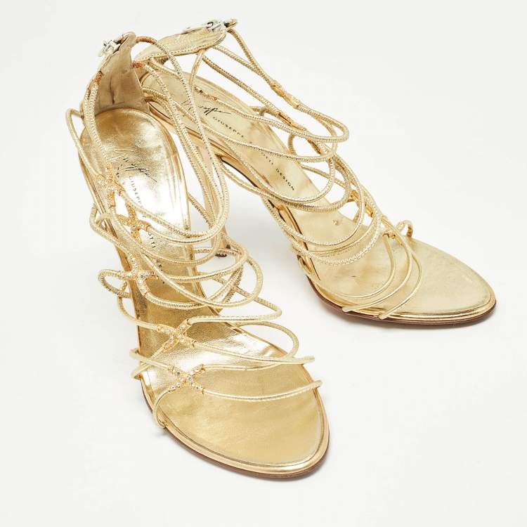 Pre Owned Giuseppe Zanotti Gold Leather Strappy Open Toe Sandals Size 38.5