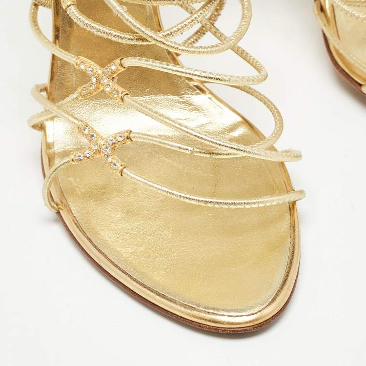 Pre Owned Giuseppe Zanotti Gold Leather Strappy Open Toe Sandals Size 38.5