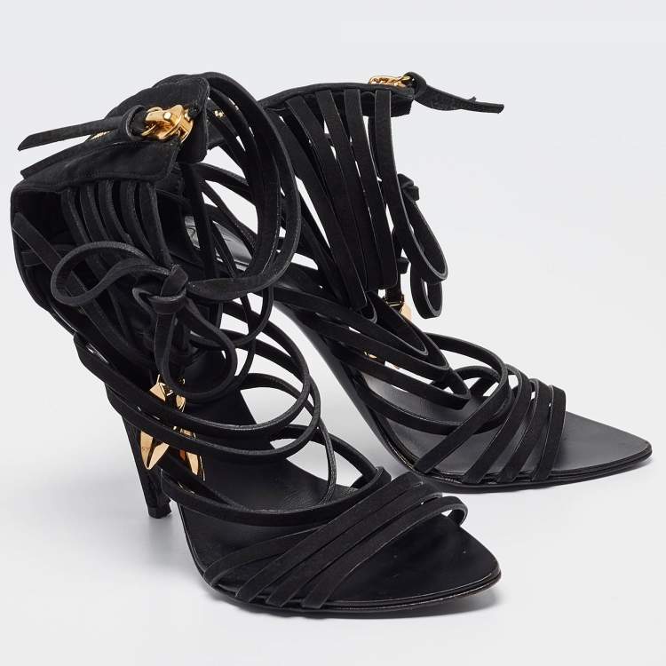 Pre Owned Giuseppe Zanotti Black Nubuck Strappy Mortisia  Sandals Size 37