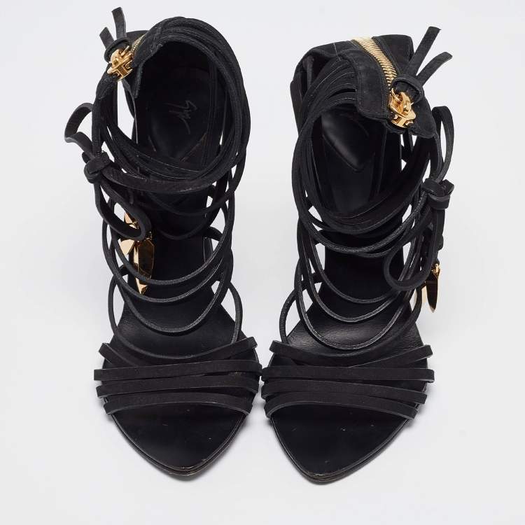 Pre Owned Giuseppe Zanotti Black Nubuck Strappy Mortisia  Sandals Size 37