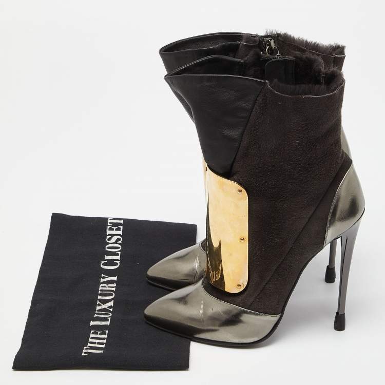 Pre Owned Giuseppe Zanotti Multicolor Suede and Leather Pointed Toe Ankle Boots Size 36.5