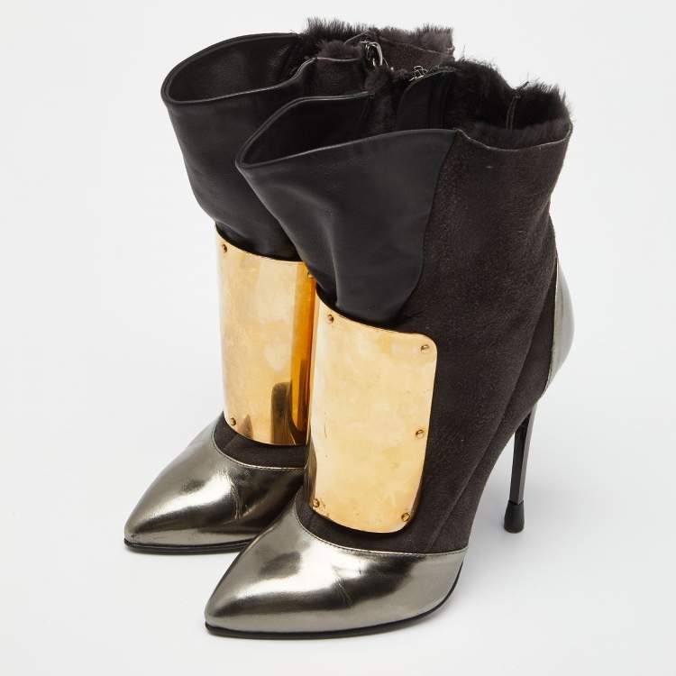 Pre Owned Giuseppe Zanotti Multicolor Suede and Leather Pointed Toe Ankle Boots Size 36.5