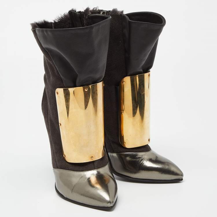 Pre Owned Giuseppe Zanotti Multicolor Suede and Leather Pointed Toe Ankle Boots Size 36.5