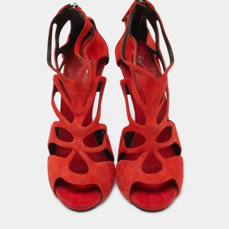 Pre Owned Giuseppe Zanotti Red Suede Butterfly Cutout Sandals Size 41