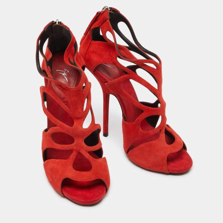 Pre Owned Giuseppe Zanotti Red Suede Butterfly Cutout Sandals Size 41