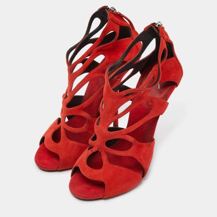 Pre Owned Giuseppe Zanotti Red Suede Butterfly Cutout Sandals Size 41
