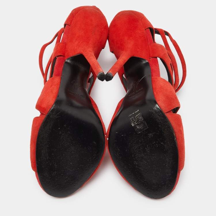 Pre Owned Giuseppe Zanotti Red Suede Butterfly Cutout Sandals Size 41
