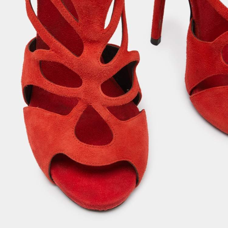 Pre Owned Giuseppe Zanotti Red Suede Butterfly Cutout Sandals Size 41