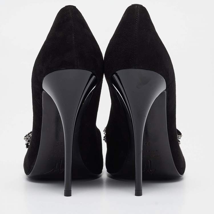Pre Owned Giuseppe Zanotti Black Suede Crystal Embellished Bow Pumps Size 39