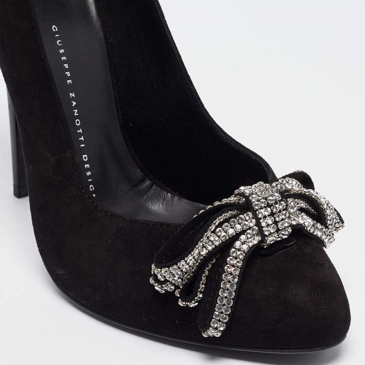 Pre Owned Giuseppe Zanotti Black Suede Crystal Embellished Bow Pumps Size 39
