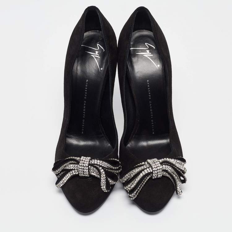 Pre Owned Giuseppe Zanotti Black Suede Crystal Embellished Bow Pumps Size 39