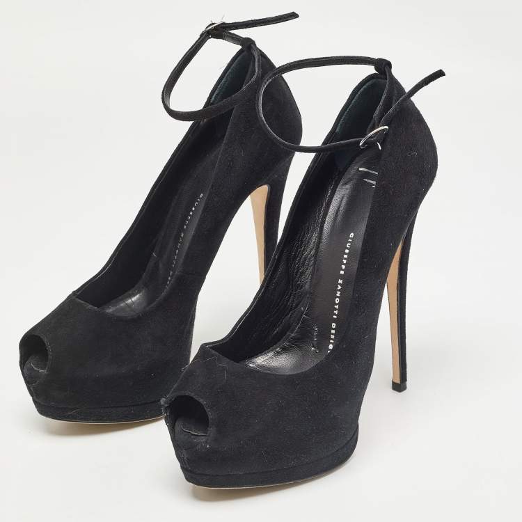 مملوكة مسبقًا Giuseppe Zanotti Black Suede Peep Toe Platform Ankle Strap Pumps Size 38.5