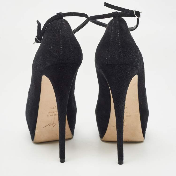 مملوكة مسبقًا Giuseppe Zanotti Black Suede Peep Toe Platform Ankle Strap Pumps Size 38.5