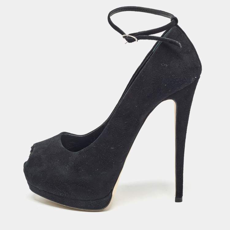 مملوكة مسبقًا Giuseppe Zanotti Black Suede Peep Toe Platform Ankle Strap Pumps Size 38.5