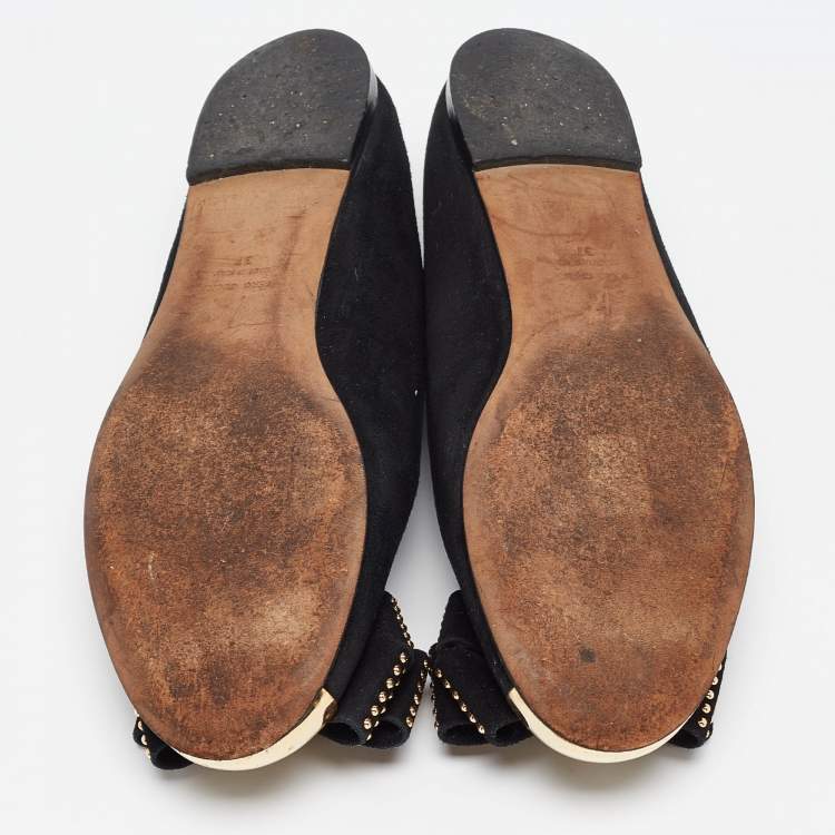 Pre Owned Giuseppe Zanotti Black Suede Studded Bow Ballet Flats Size 37