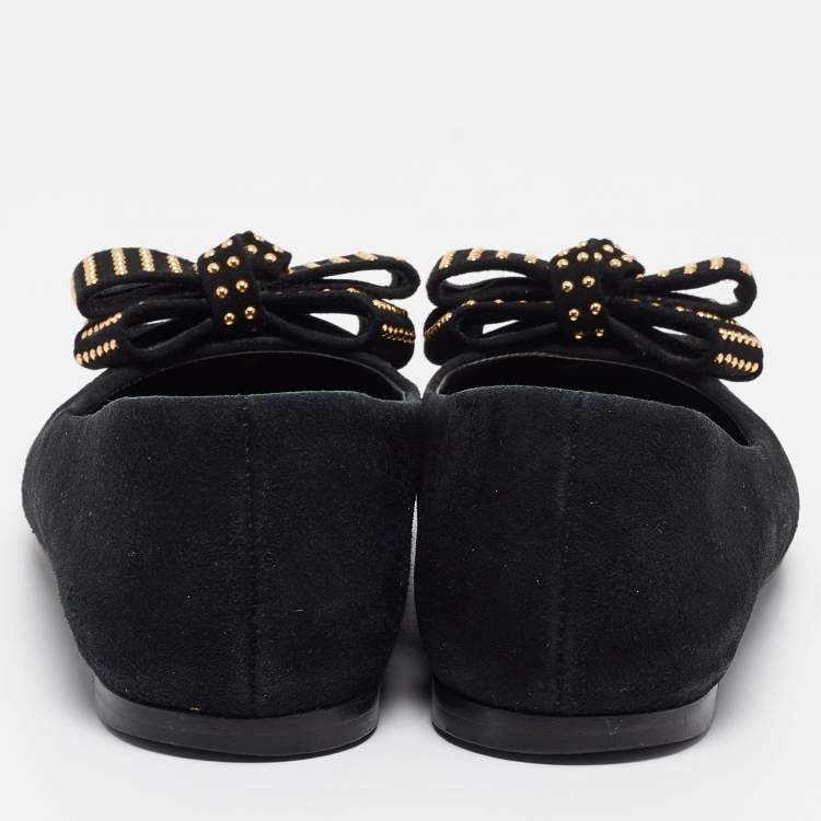 Pre Owned Giuseppe Zanotti Black Suede Studded Bow Ballet Flats Size 37