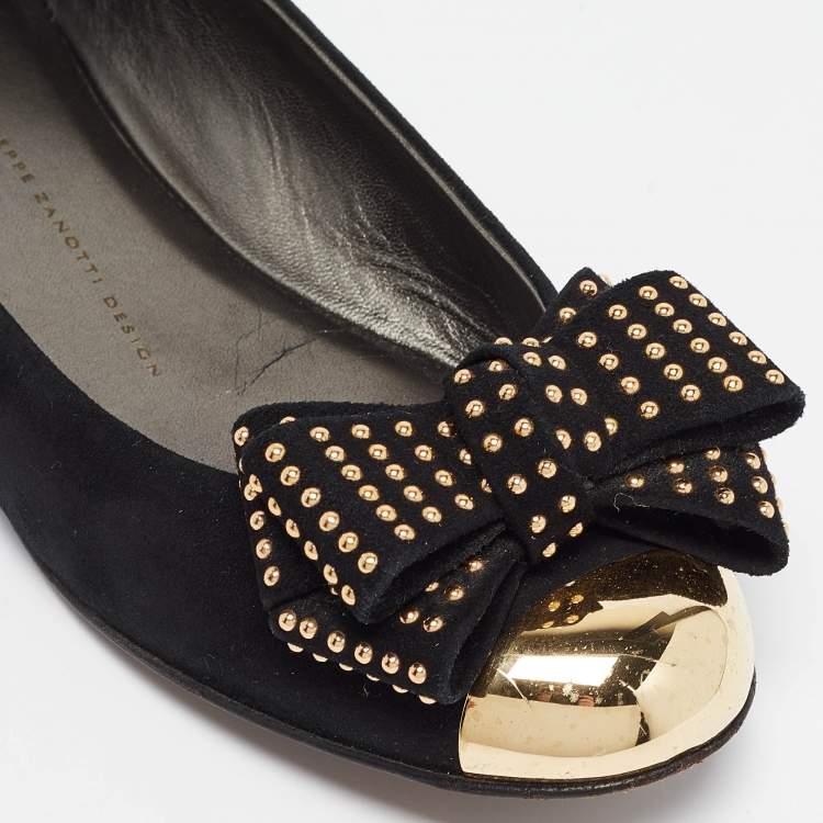 Pre Owned Giuseppe Zanotti Black Suede Studded Bow Ballet Flats Size 37