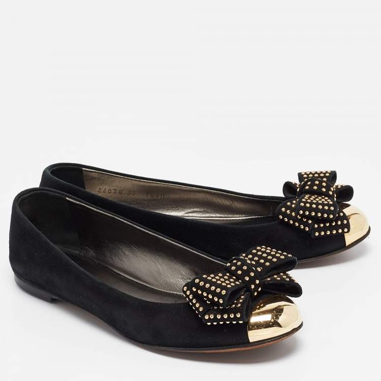Pre Owned Giuseppe Zanotti Black Suede Studded Bow Ballet Flats Size 37