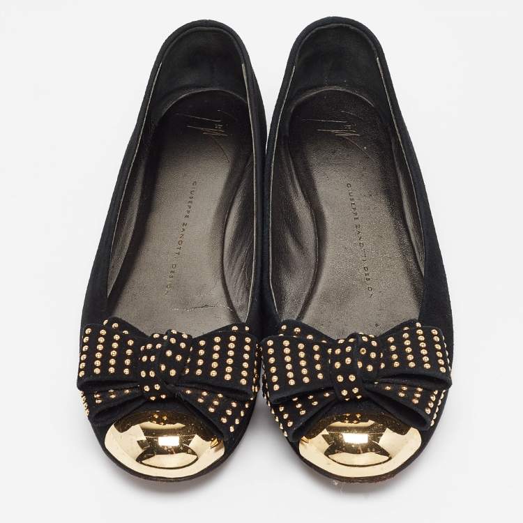 Pre Owned Giuseppe Zanotti Black Suede Studded Bow Ballet Flats Size 37