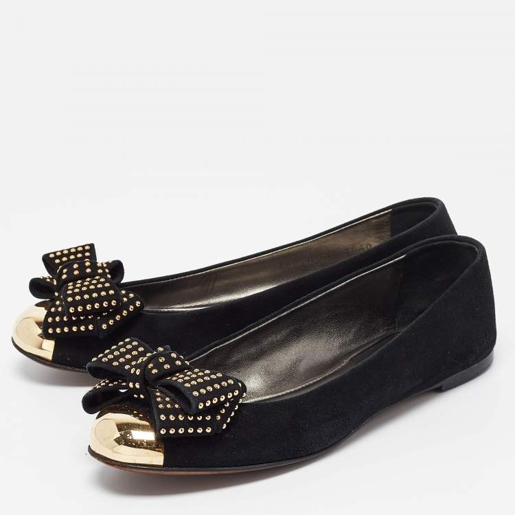 Pre Owned Giuseppe Zanotti Black Suede Studded Bow Ballet Flats Size 37