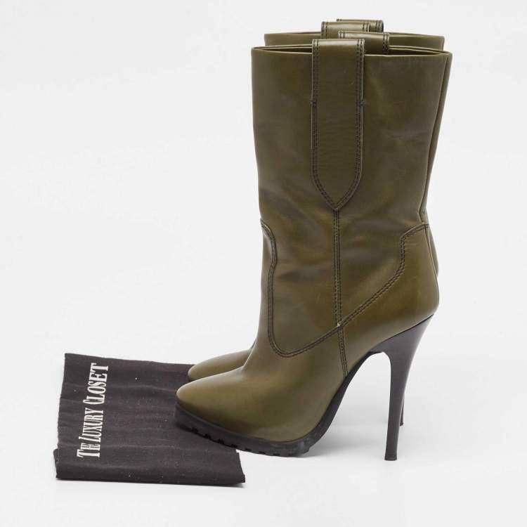 Pre Owned Giuseppe Zanotti Green Leather Ankle Boots Size 38