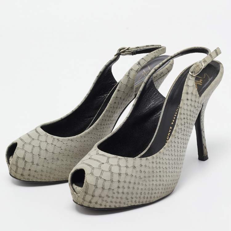 Pre Owned Giuseppe Zanotti Grey Embossed Python Peep Toe Platform Slingback Pumps Size 37.5