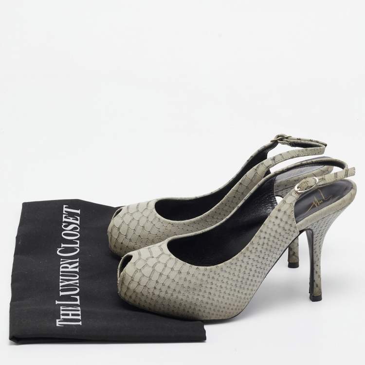 Pre Owned Giuseppe Zanotti Grey Embossed Python Peep Toe Platform Slingback Pumps Size 37.5