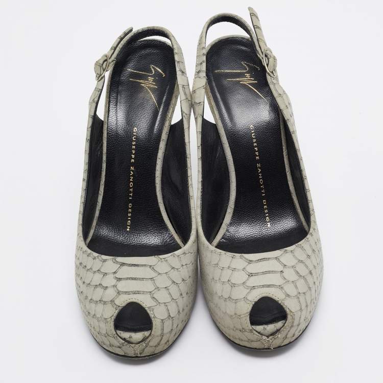 Pre Owned Giuseppe Zanotti Grey Embossed Python Peep Toe Platform Slingback Pumps Size 37.5