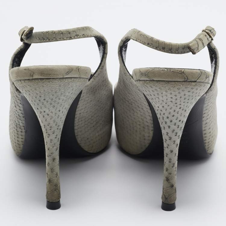 Pre Owned Giuseppe Zanotti Grey Embossed Python Peep Toe Platform Slingback Pumps Size 37.5