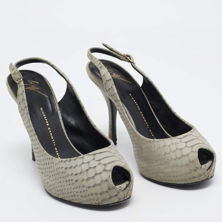 Pre Owned Giuseppe Zanotti Grey Embossed Python Peep Toe Platform Slingback Pumps Size 37.5