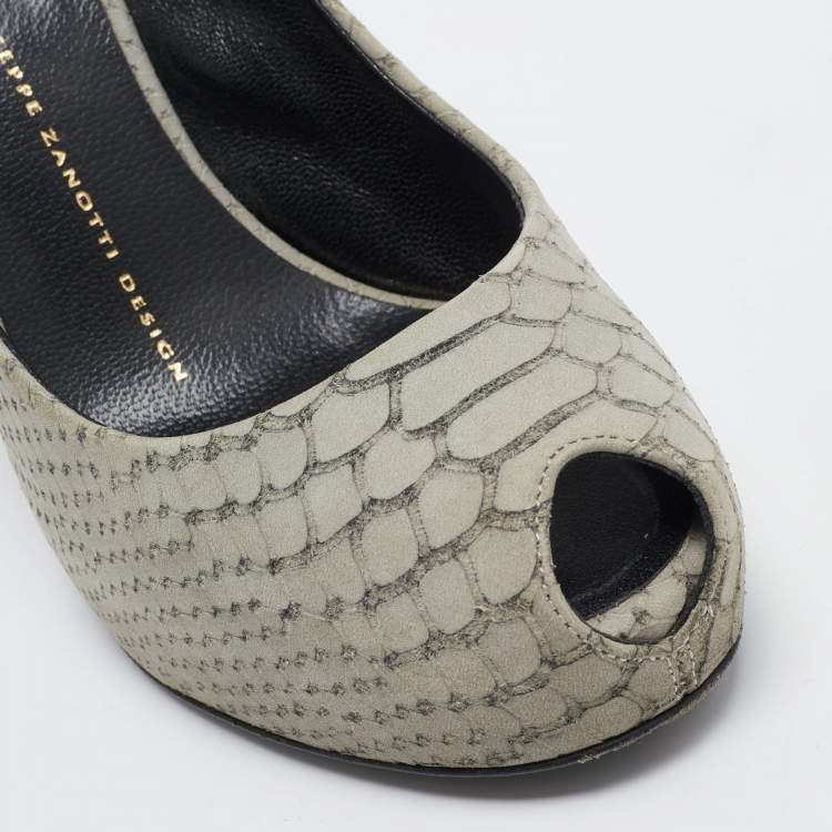 Pre Owned Giuseppe Zanotti Grey Embossed Python Peep Toe Platform Slingback Pumps Size 37.5